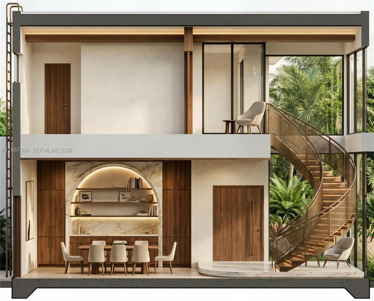 This architectural rendering shows a modern two-story interior with a spiral staircase and dining area — 260 NE 14th St, Delray Beach FL 33444, DELRAY BEACH, FL