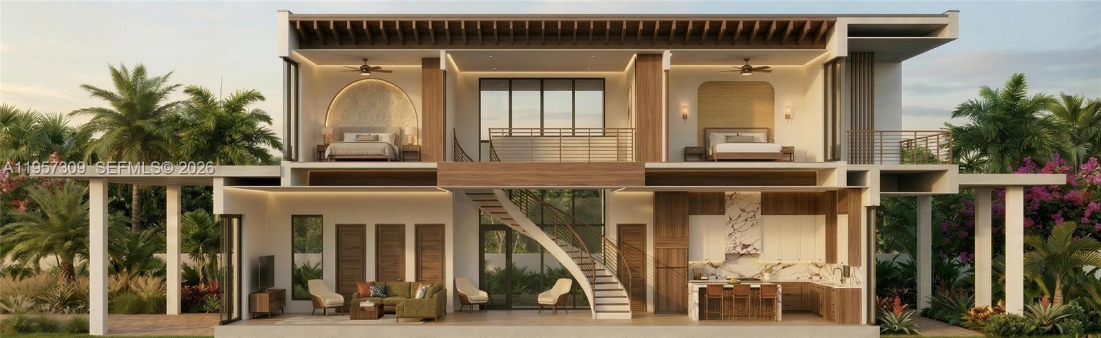 This architectural rendering shows the open-concept interior and exterior of a modern two-story home — 260 NE 14th St, Delray Beach FL 33444, DELRAY BEACH, FL