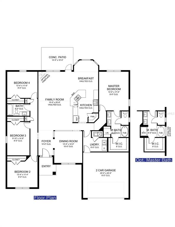 This is a floor plan for a house featuring four bedrooms, a two-car garage, and an optional master bath — 12601 NE 48TH STREET, OXFORD, FL