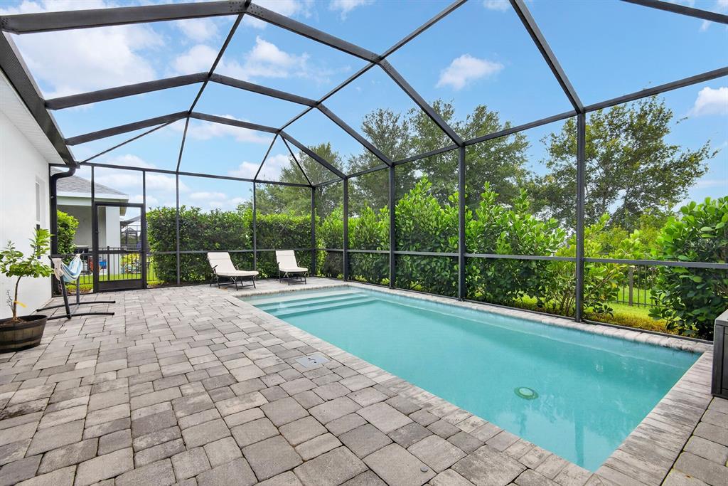 A rectangular swimming pool with a paved deck is enclosed by a screened-in lanai — 13852 OLD CREEK COURT, PARRISH, FL