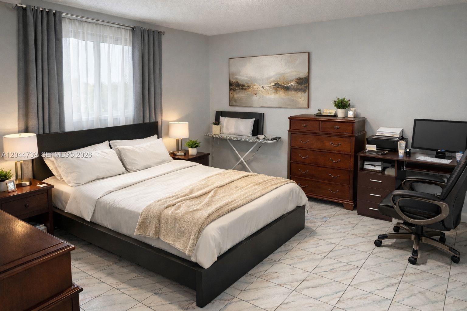 A bedroom features a bed, wooden dresser, desk, and tile flooring under a window — 10090 NW 80th Ct # 1540, Hialeah Gardens FL 33016, HIALEAH GARDENS, FL