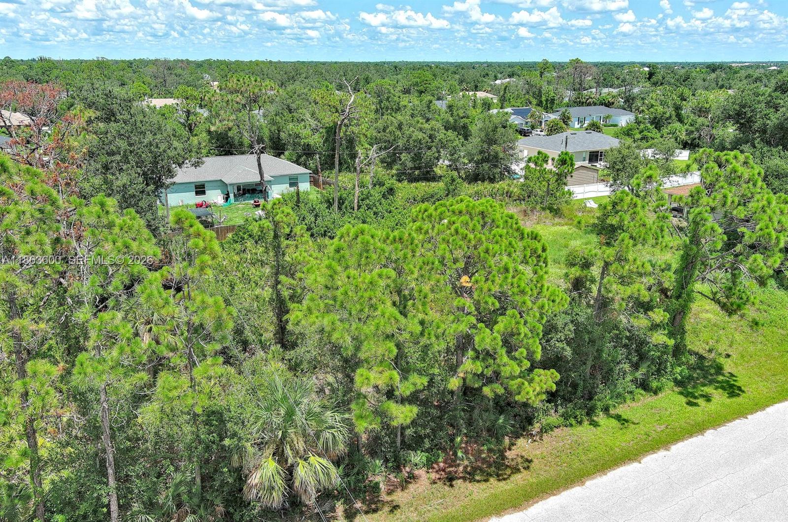 An aerial view shows a wooded lot adjacent to a residential street and neighboring houses — 11944 Brookside Ave, Port Charlotte FL 33981, PORT CHARLOTTE, FL