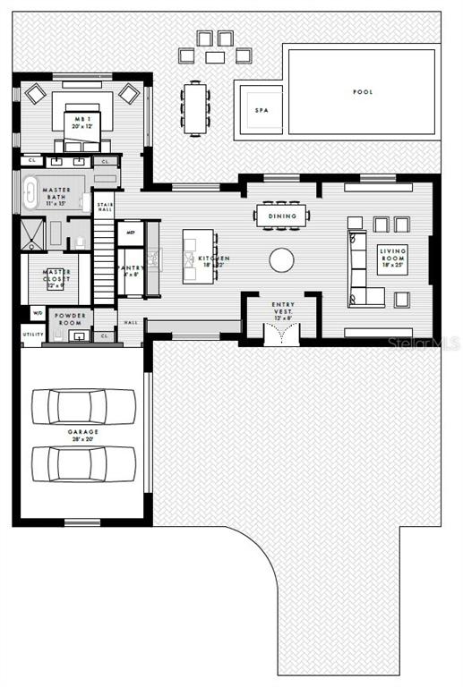 This floor plan shows a single-story house layout with a garage, pool, and spa — 146 TRANQUIL MIRROR LAKE COURT Lot 19, CLERMONT, FL
