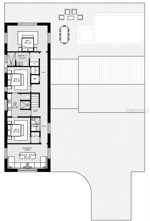 This is a floor plan of a multi-bedroom residential home with an attached outdoor patio area — 146 TRANQUIL MIRROR LAKE COURT Lot 19, CLERMONT, FL