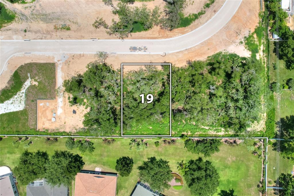 An aerial view shows a rectangular, tree-covered vacant lot marked with the number 19 — 146 TRANQUIL MIRROR LAKE COURT Lot 19, CLERMONT, FL