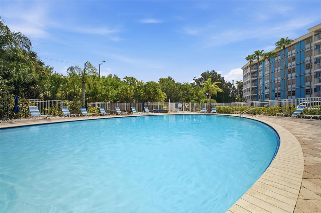 A large outdoor swimming pool surrounded by lounge chairs, palm trees, and a multi-story building — 3315 58TH AVENUE S UNIT 103, ST PETERSBURG, FL