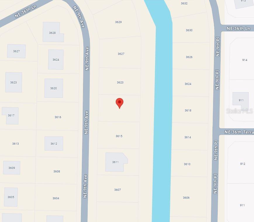 This is a map showing residential properties and street layouts — 3619 NE 9TH AVENUE, CAPE CORAL, FL