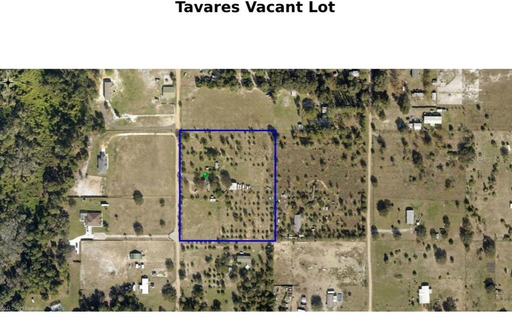 An aerial view shows a rectangular vacant lot outlined in blue with scattered trees — 28720 COLUMBIA ROAD, TAVARES, FL