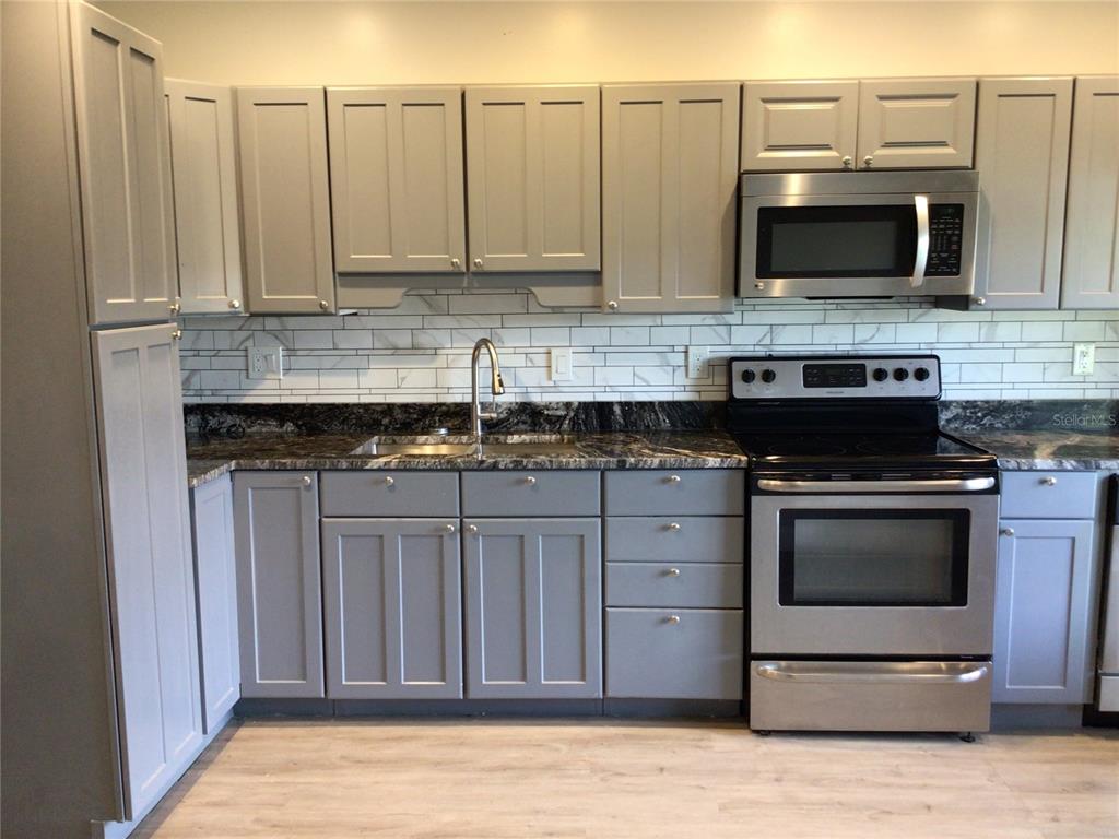 A kitchen features gray shaker cabinets, stainless steel appliances, and a dark granite countertop — 1010 DAKOTA AVENUE, ST CLOUD, FL