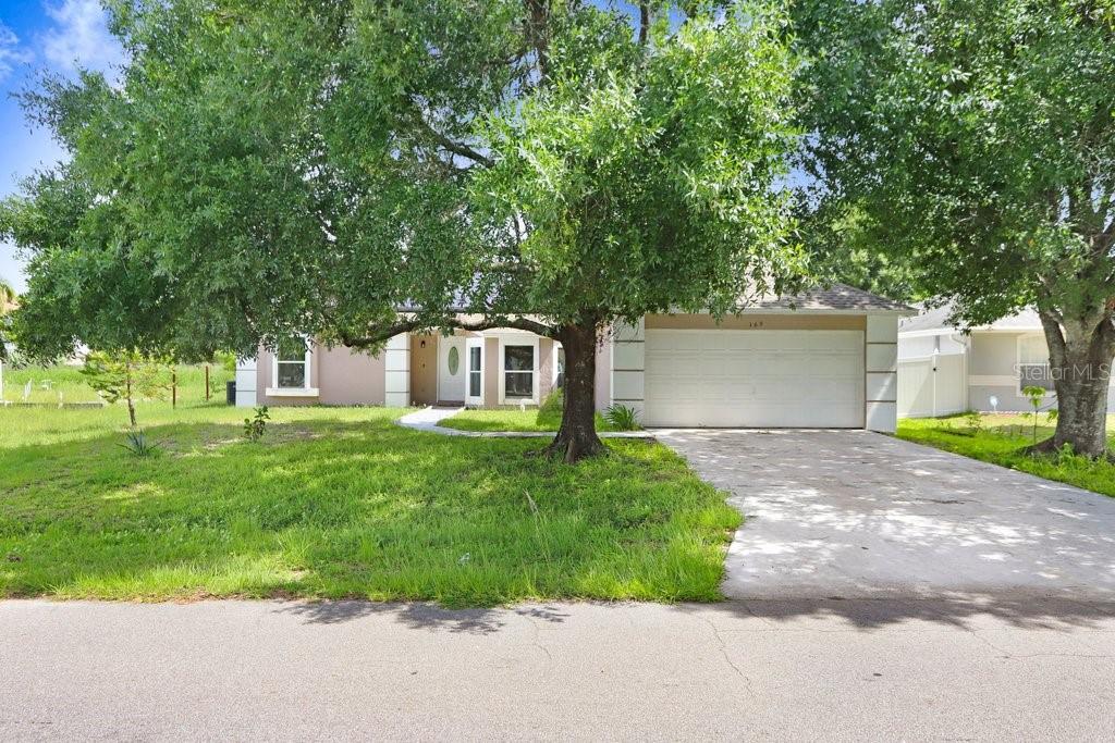 A single-story house with a white garage door, a concrete driveway, and a large tree — 169 BIRMINGHAM DRIVE, KISSIMMEE, FL