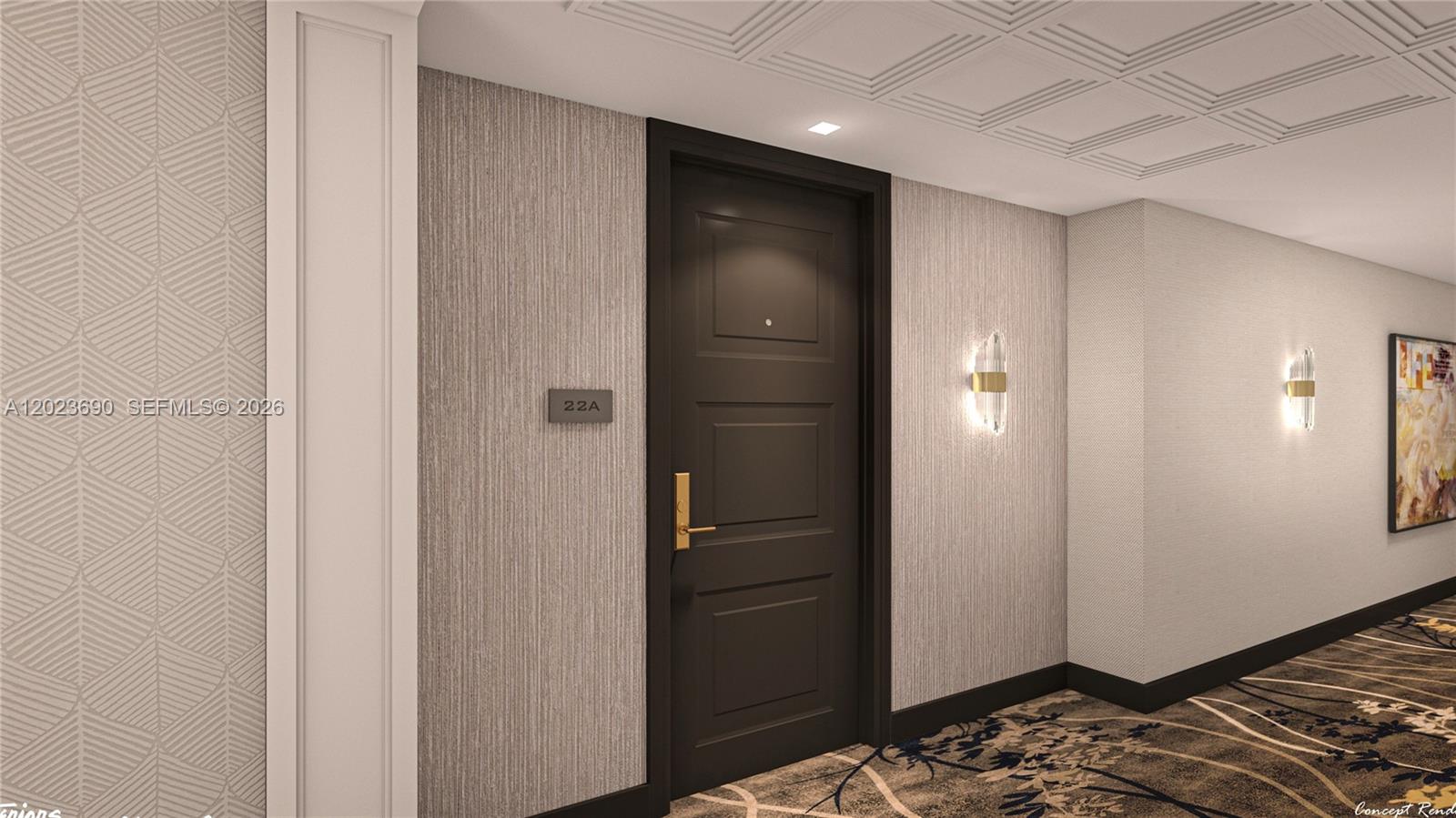 This is a rendering of a modern apartment hallway featuring a dark door and textured wallpaper — 9801 Collins Ave # 11M, Bal Harbour FL 33154, BAL HARBOUR, FL