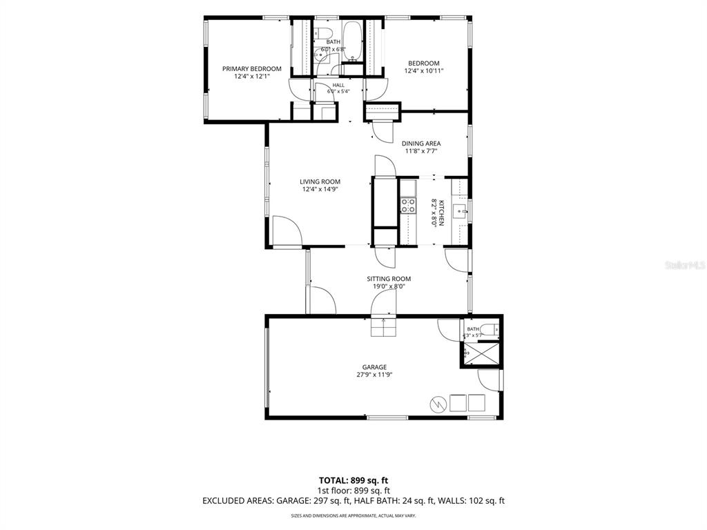 This is a floor plan for a two-bedroom, two-bathroom home with an attached garage — 1024 MICHIGAN DR E, DUNEDIN, FL