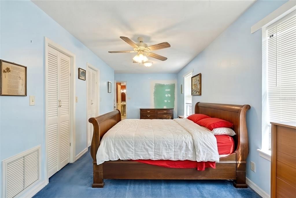 A bedroom with blue walls, blue carpet, a wooden sleigh bed, and a ceiling fan — 14953 SE 107TH AVENUE, SUMMERFIELD, FL