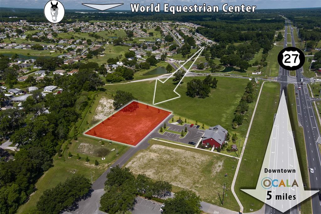 This aerial view shows a vacant rectangular lot highlighted in red next to a building — 4820 NW BLITCHTON ROAD, OCALA, FL