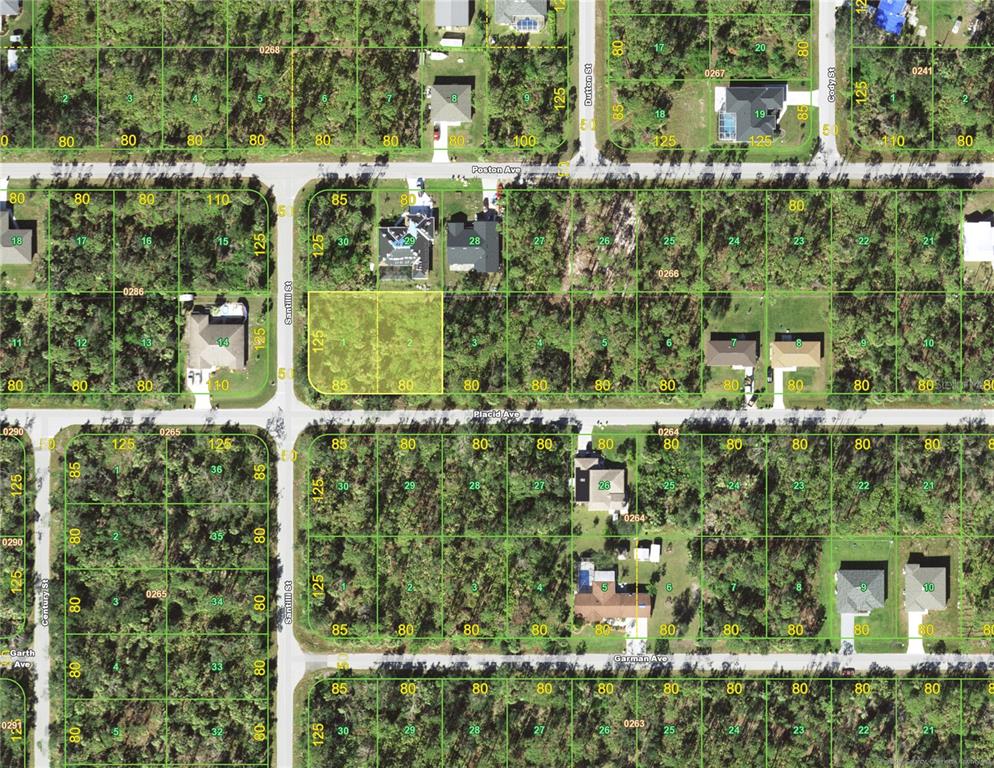 This is an aerial map showing residential land parcels and streets in a wooded area — 18248-18256 PLACID AVENUE, PORT CHARLOTTE, FL