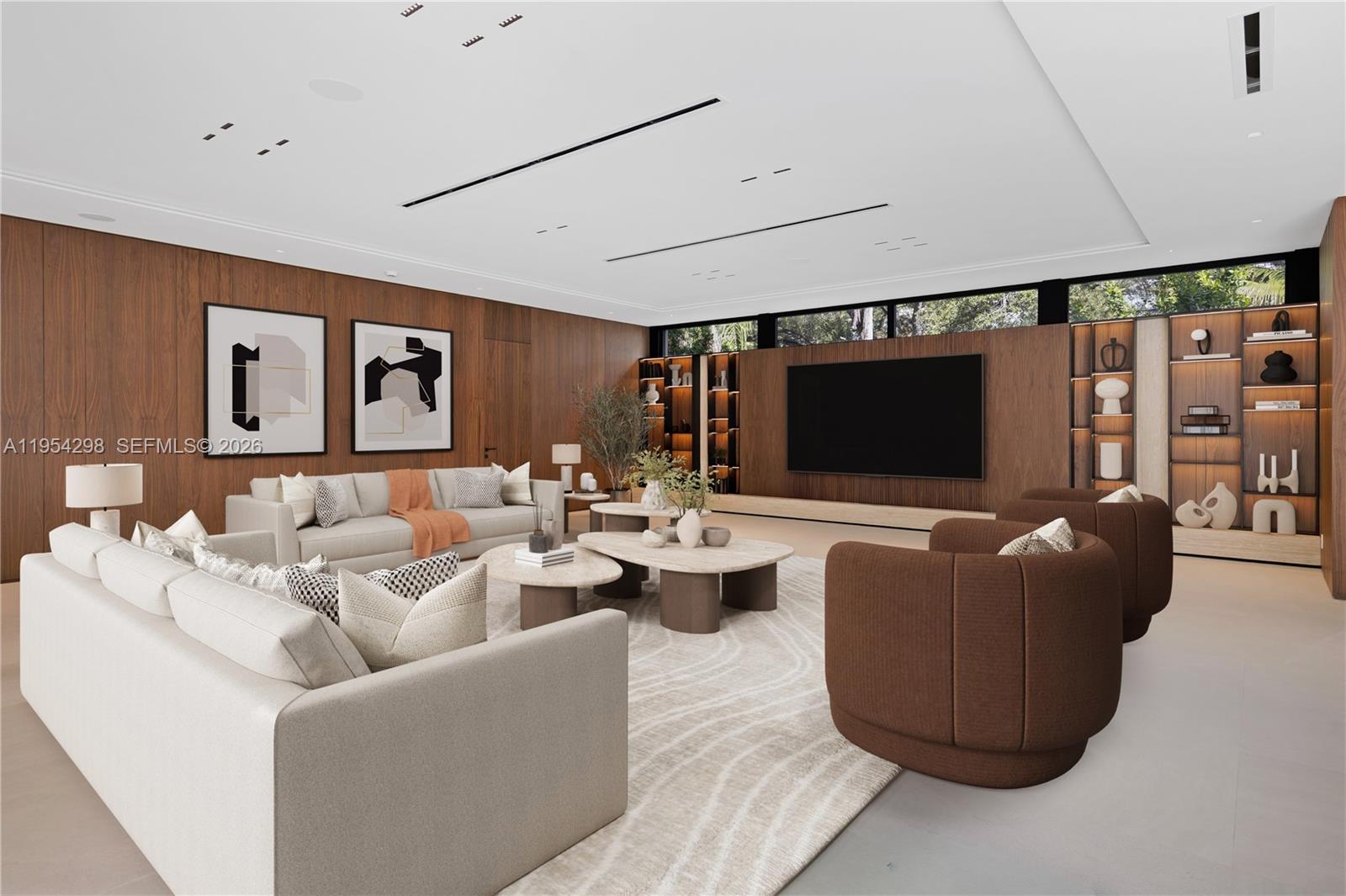 This is a rendering of a modern living room featuring wood-paneled walls and neutral furniture — 3210 Coacoochee St, Miami FL 33133, MIAMI, FL