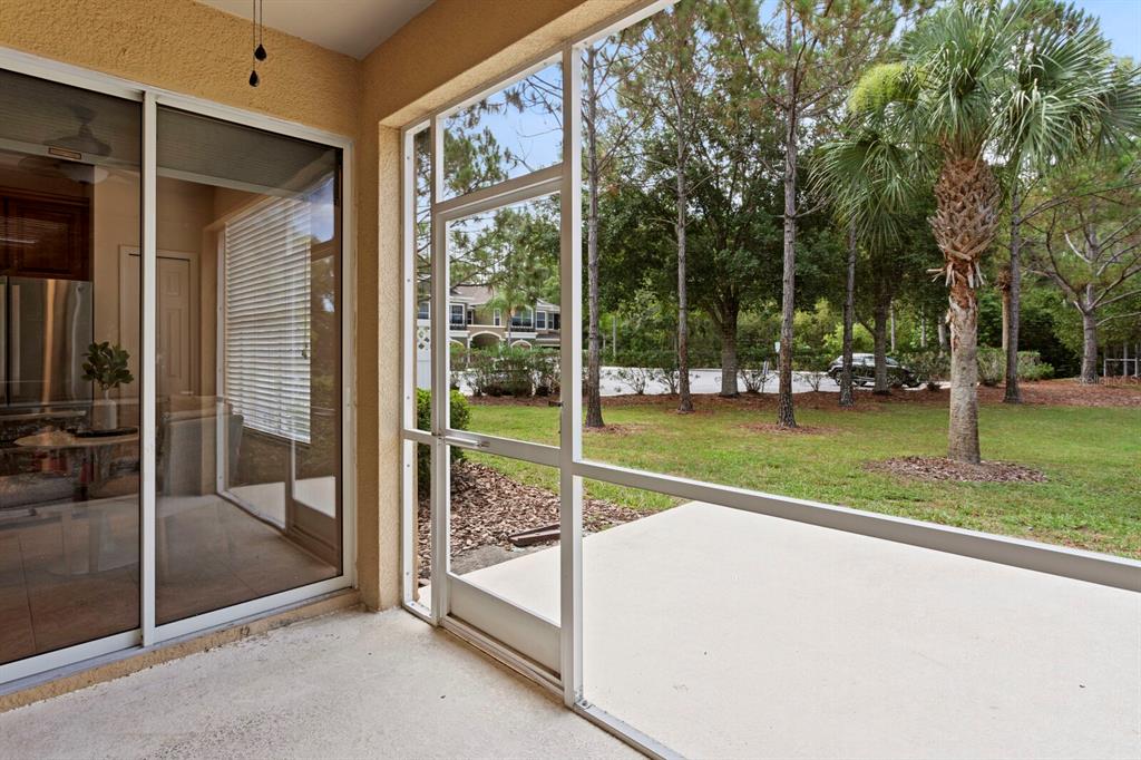 A screened-in patio with a concrete floor overlooks a grassy yard with trees — 12639 SILVERDALE STREET, TAMPA, FL