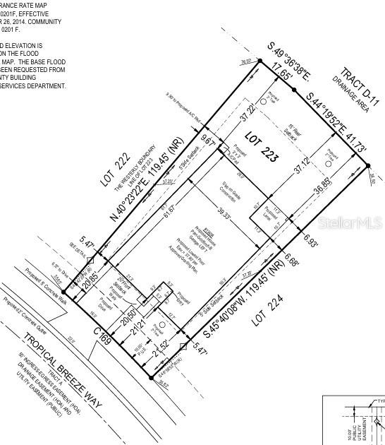 This is a survey map showing the property boundaries and building footprint for Lot 223 — 13654 TROPICAL BREEZE WAY, HUDSON, FL