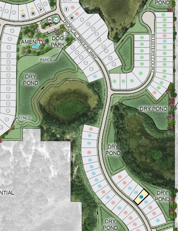 This is a site plan rendering showing residential lots, streets, and community green spaces — 13654 TROPICAL BREEZE WAY, HUDSON, FL