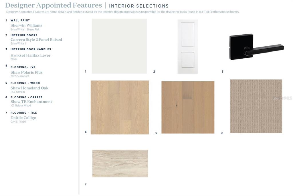This image displays a design board featuring interior paint, door, hardware, and flooring finish samples — 1831 PINECLIFF DRIVE, APOPKA, FL