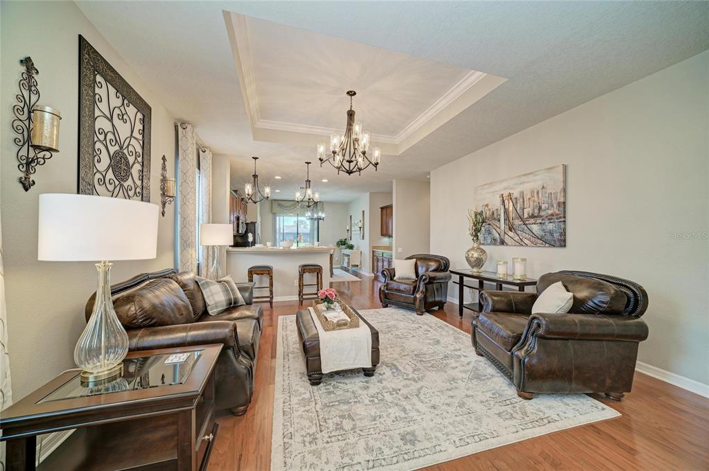A living room with leather furniture, a tray ceiling, and a view into the kitchen — 5508 105TH TERRACE E, PARRISH, FL