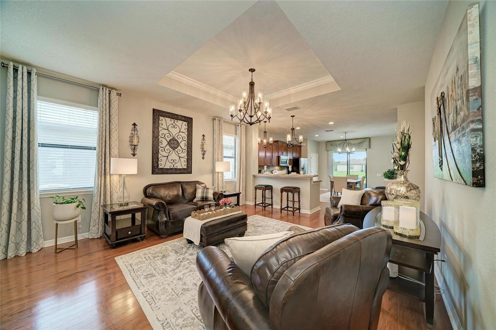 A living room with leather furniture, a tray ceiling, and an open kitchen in back — 5508 105TH TERRACE E, PARRISH, FL