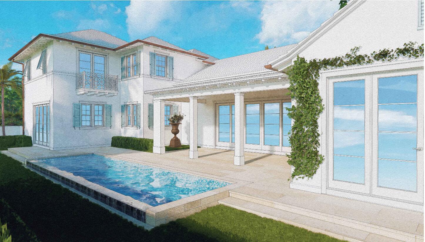 This architectural rendering shows a white house exterior with a pool and covered patio — 206 Caribbean Road, Palm Beach FL 33480, PALM BEACH, FL