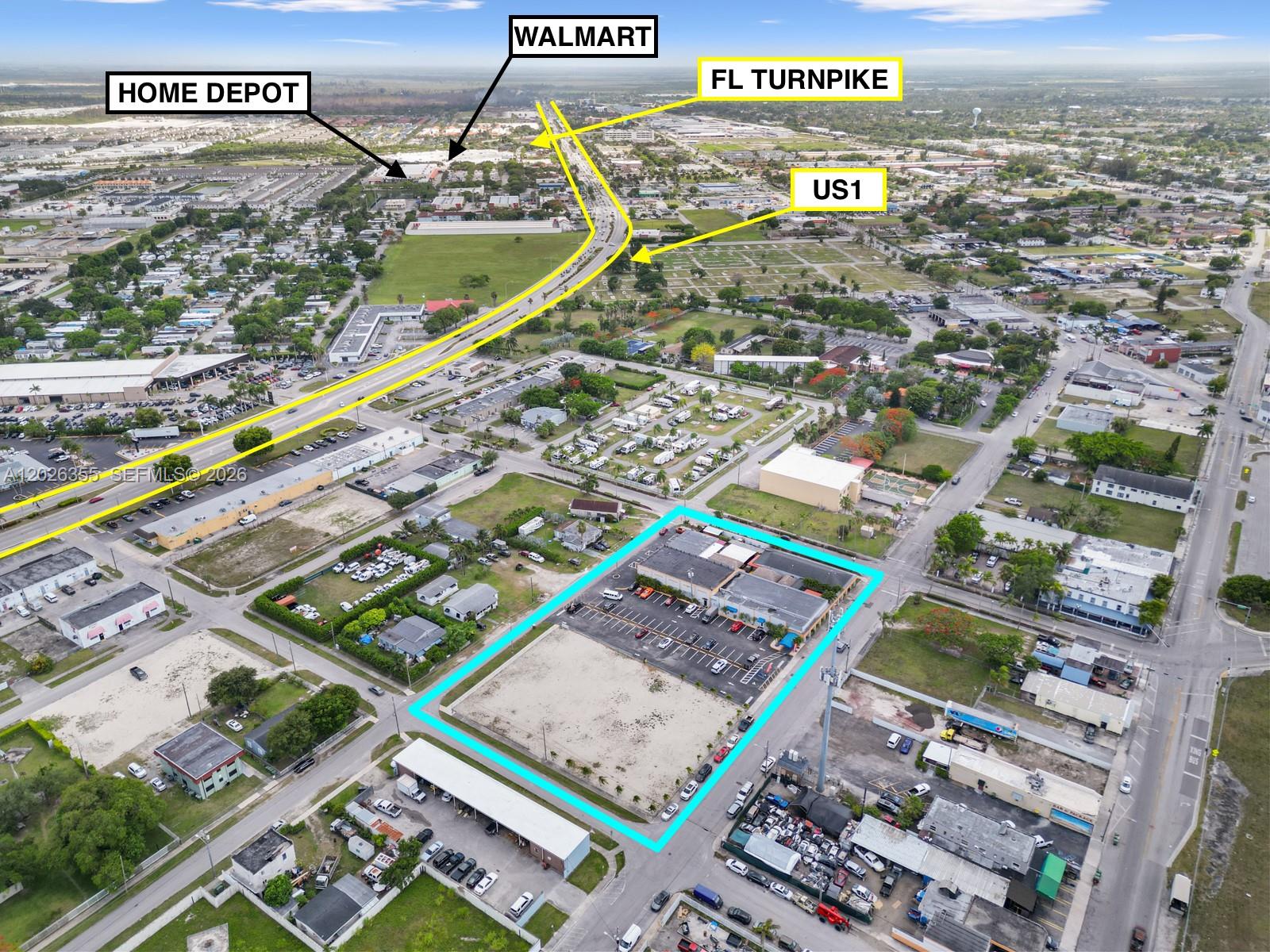 This aerial view shows a commercial property outlined in blue near major highways — 17 NE 1st Rd, Homestead FL 33030, HOMESTEAD, FL