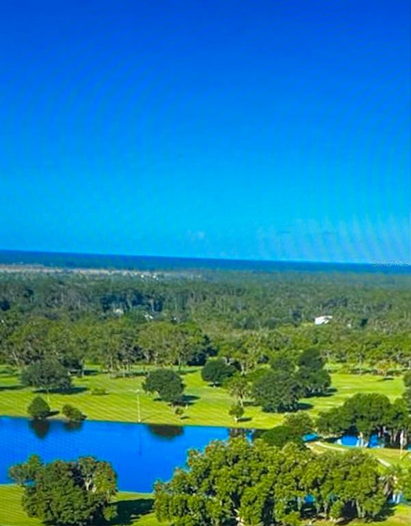 An aerial view shows a golf course with a pond, surrounding trees, and the distant ocean — 419 BELMONTE DRIVE, INDIAN LAKE ESTATES, FL