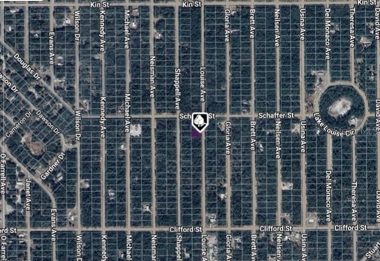 This is a satellite map view of a residential area with a marked property location — LOT 22 LOUISE AVENUE, INTERLACHEN, FL