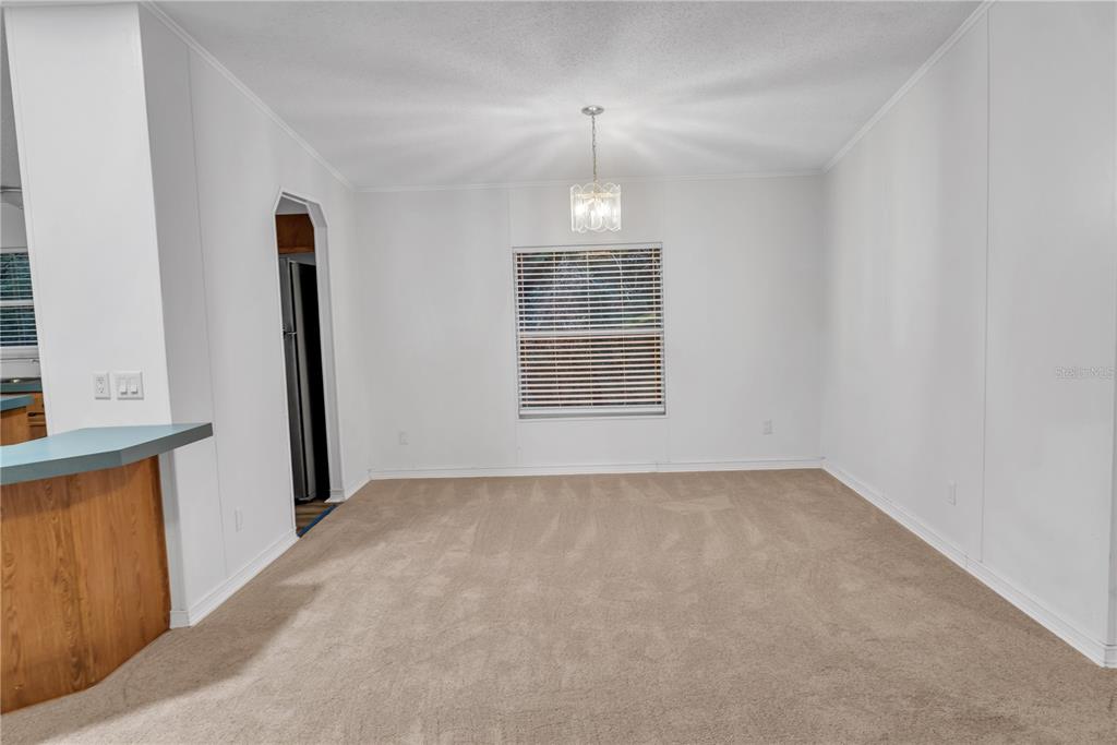 A carpeted dining room features white walls, a central light fixture, and a single window — 7311 20 TH STREET, ZEPHYRHILLS, FL