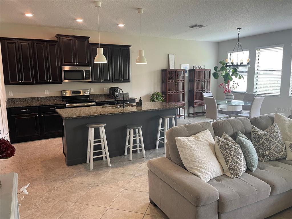 A kitchen with dark cabinets and a granite island overlooks a living and dining area — 1596 LUDINGTON AVENUE, WESLEY CHAPEL, FL