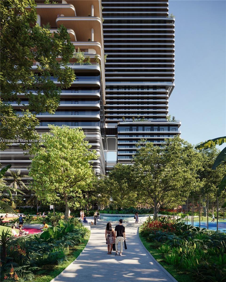 This rendering shows a modern high-rise apartment building overlooking a landscaped park with walking paths — 1133 SW 2nd Ave # 4209, Miami FL 33130, MIAMI, FL