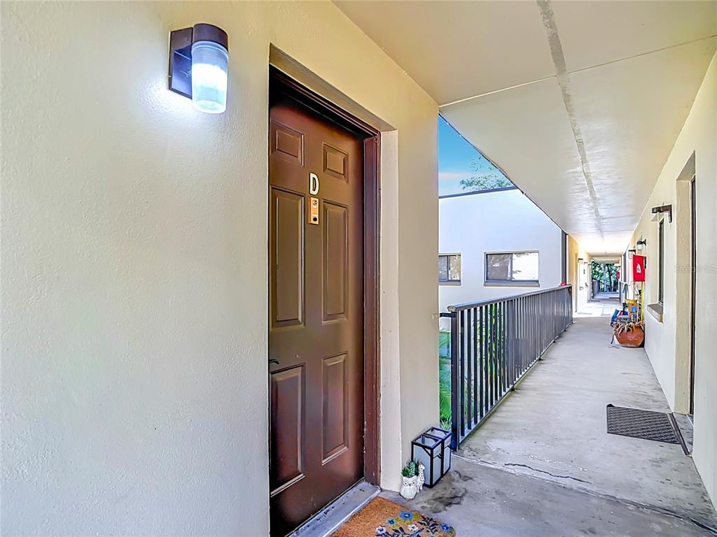 An exterior view of a brown apartment door labeled D along a concrete walkway — 11805 RAINTREE LAKE LN UNIT D, TEMPLE TERRACE, FL