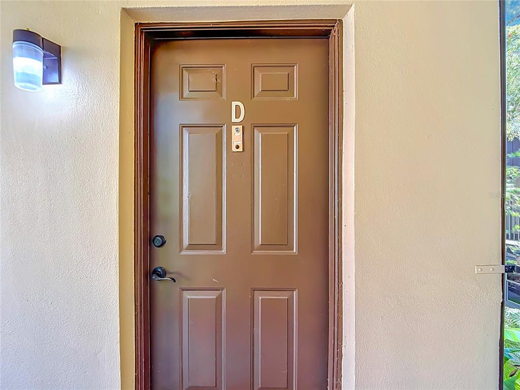 A brown front door labeled with the letter D is set in a beige wall — 11805 RAINTREE LAKE LN UNIT D, TEMPLE TERRACE, FL