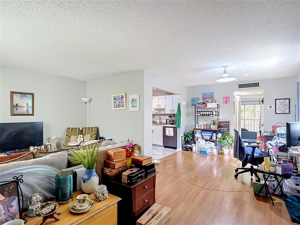 A living room with wood-look flooring, a television, and an open doorway leading to a kitchen — 11805 RAINTREE LAKE LN UNIT D, TEMPLE TERRACE, FL