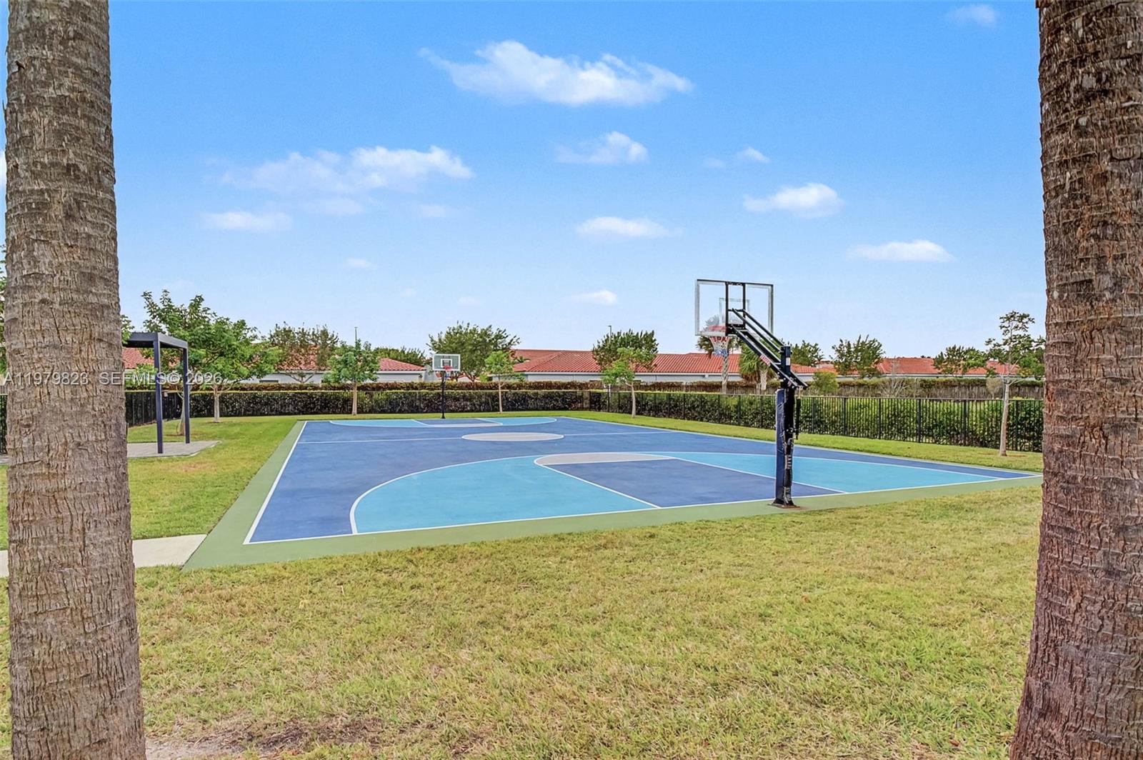 An outdoor basketball court with a blue and light blue surface sits on a lawn — 445 NE 4th St, Florida City FL 33034, FLORIDA CITY, FL