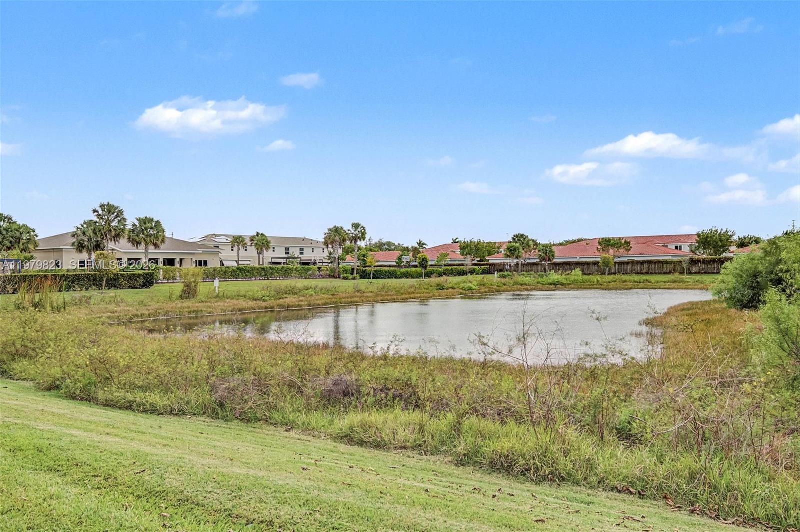 A small pond sits in the foreground of a grassy field with houses behind it — 445 NE 4th St, Florida City FL 33034, FLORIDA CITY, FL