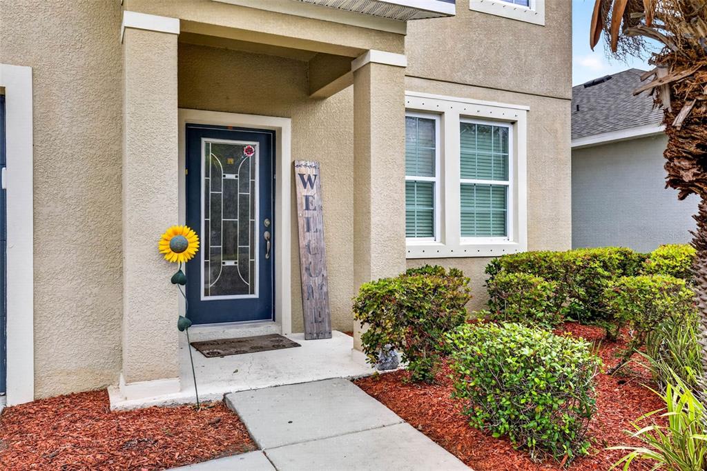 A two-story house with tan stucco, yellow siding, a blue garage door, and a front lawn — 11531 TANGLE BRANCH LANE, GIBSONTON, FL
