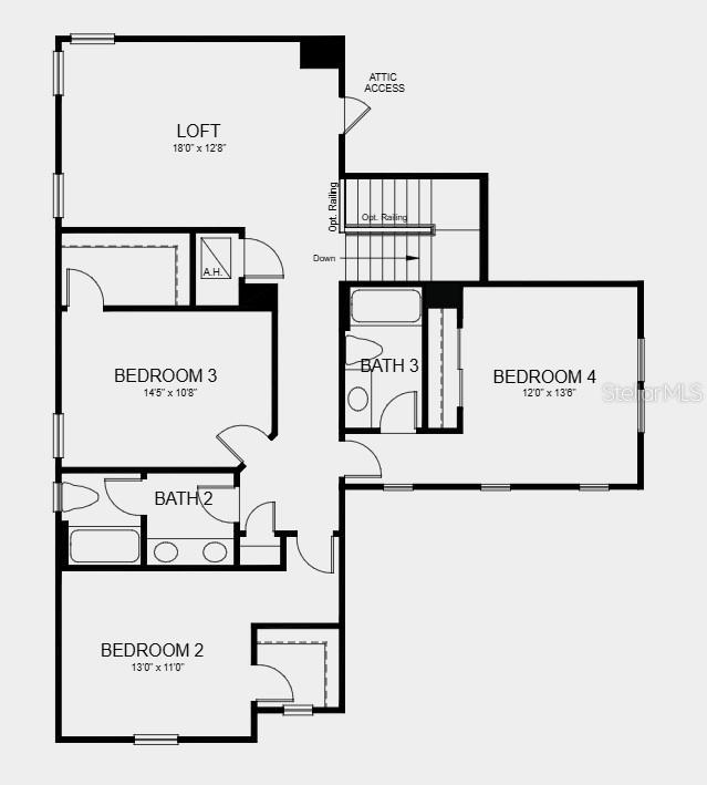 This is a floor plan of an upper level featuring a loft, three bedrooms, and two bathrooms — 5210 EDENMORE STREET, ST CLOUD, FL