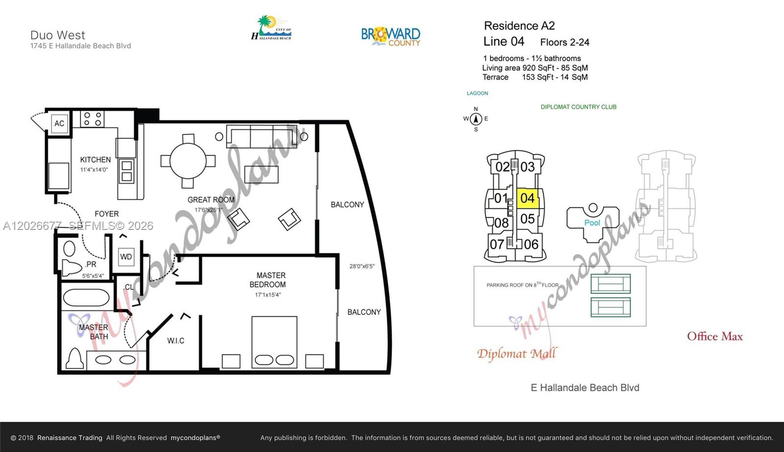 This floor plan shows a one-bedroom apartment with a balcony, kitchen, and two bathrooms — 1745 E Hallandale Beach Blvd # 2104W, Hallandale Beach FL 33009, HALLANDALE BEACH, FL