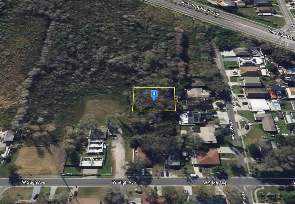 An aerial view shows a rectangular vacant lot outlined in yellow near a residential street — 6810 N BLOSSOM AVENUE, TAMPA, FL