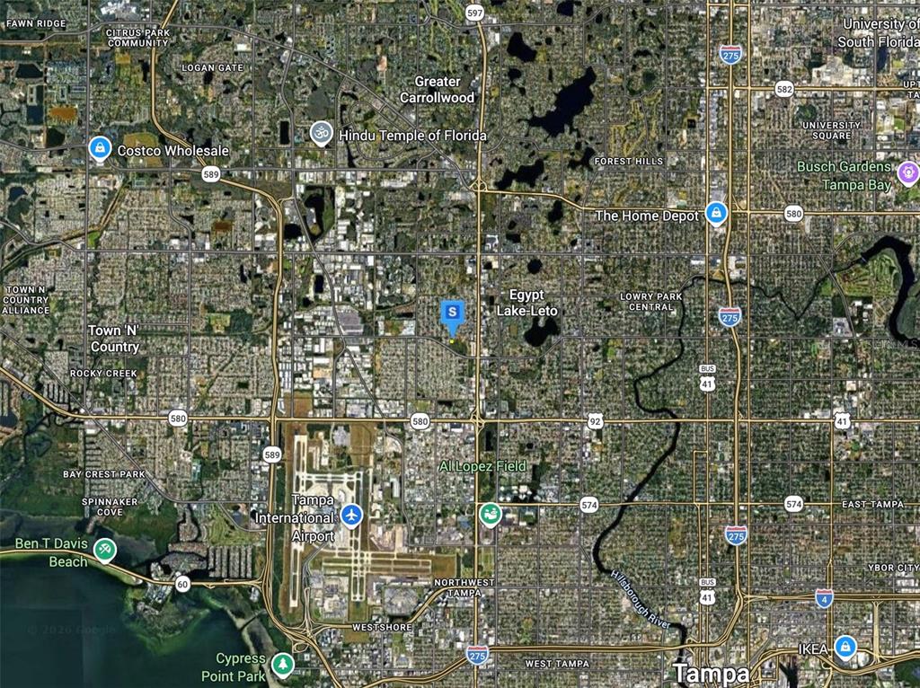 This is a satellite map view of the Tampa, Florida area showing major landmarks — 6810 N BLOSSOM AVENUE, TAMPA, FL
