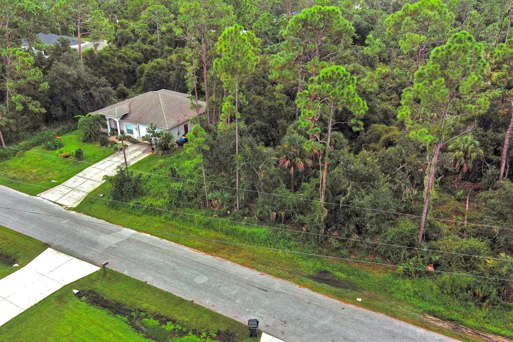 An aerial view shows a single-story house with a driveway surrounded by dense forest — SHAFFER AVENUE, NORTH PORT, FL