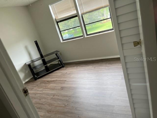 An empty room with light wood-look flooring, a black TV stand, and two windows — 127 CAMPHOR CIRCLE UNIT D, OLDSMAR, FL