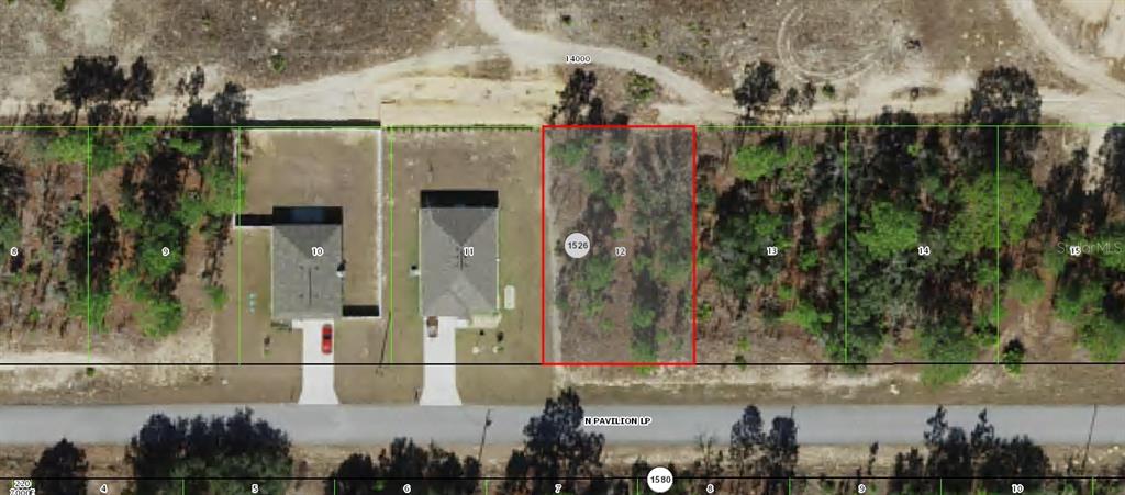 This aerial map shows a vacant residential lot outlined in red along a paved road — 6770 N PAVILION LOOP, CITRUS SPRINGS, FL