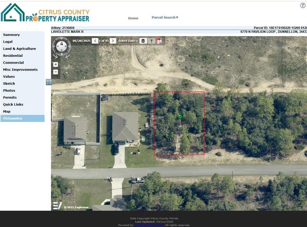 An aerial map view shows a vacant, wooded lot outlined in red next to a house — 6770 N PAVILION LOOP, CITRUS SPRINGS, FL