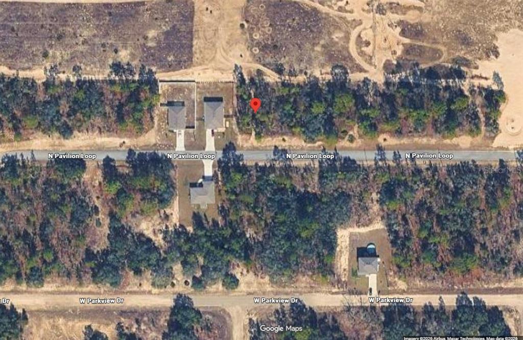 This is an aerial map view showing a residential street with several houses and lots — 6770 N PAVILION LOOP, CITRUS SPRINGS, FL