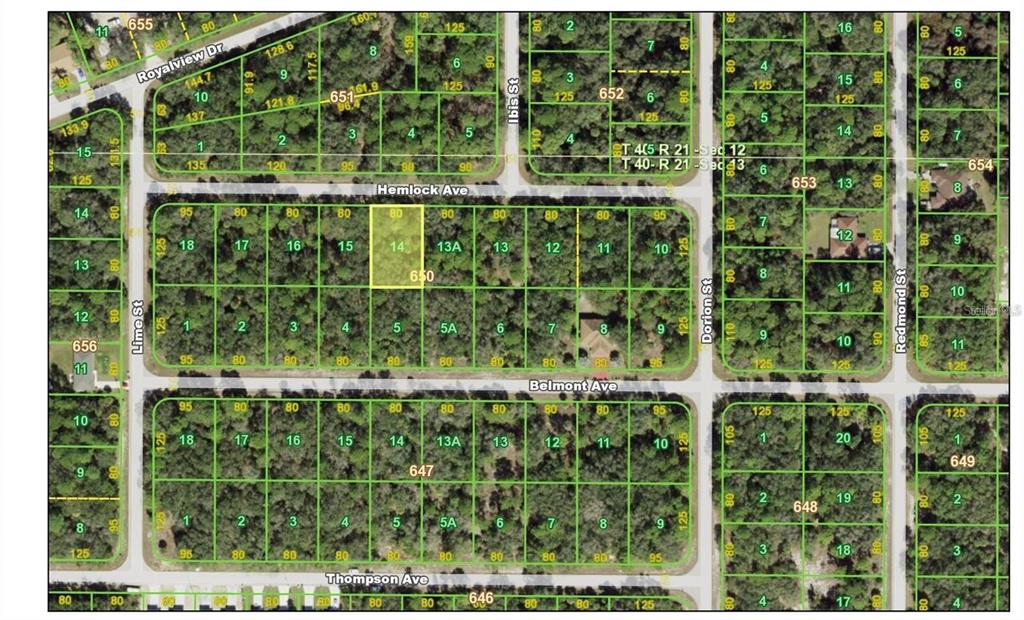 This is a property tax map showing residential lot boundaries and street names — 17131 HEMLOCK AVENUE, PORT CHARLOTTE, FL