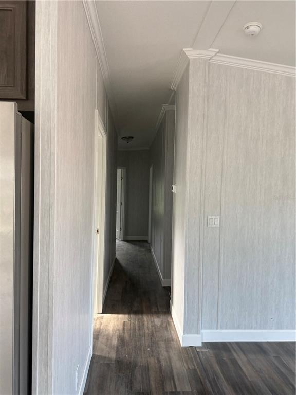 A hallway with light gray walls and dark wood-look flooring leads to interior doorways — 10386 SE 52 COURT UNIT 12, BELLEVIEW, FL